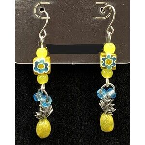 Handmade Pineapple with Aqua Blue & Yellow Glass Bead Earrings by Neanie-Bot